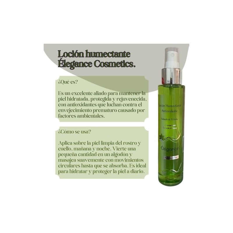 Kit Élégance Cosmetics, Loción Humectante de Té Verde + Desmaquillante