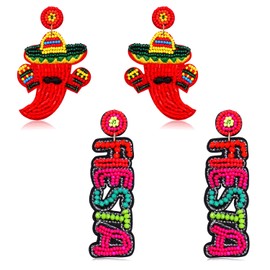 2 Pairs Mexican Earrings for Women, Beaded Fiesta Earrings Cinco De Mayo Earings Statement Piñata Sombrero Chili Earings Mexican Independence Day Earring Holiday Jewelry Gifts (Style A)