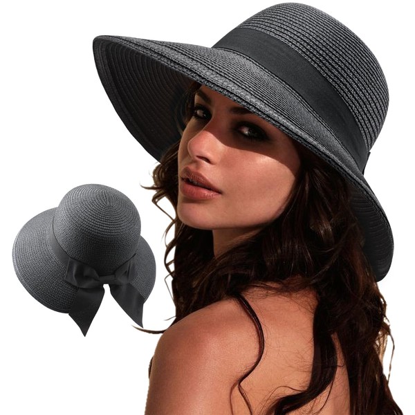 DRESHOW Women Straw Panama Hat Fedora Adjustable Summer Wide Brim