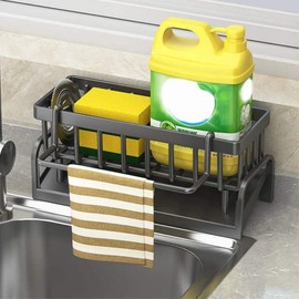 Carbon Steel Kitchen Sink Organizer with Self-Draining Drainage Tray, Sponge Holder, Towel & Mop Holder, Black Kitchen Organizer with Hook, Super Kitchen & Bathroom Accessories