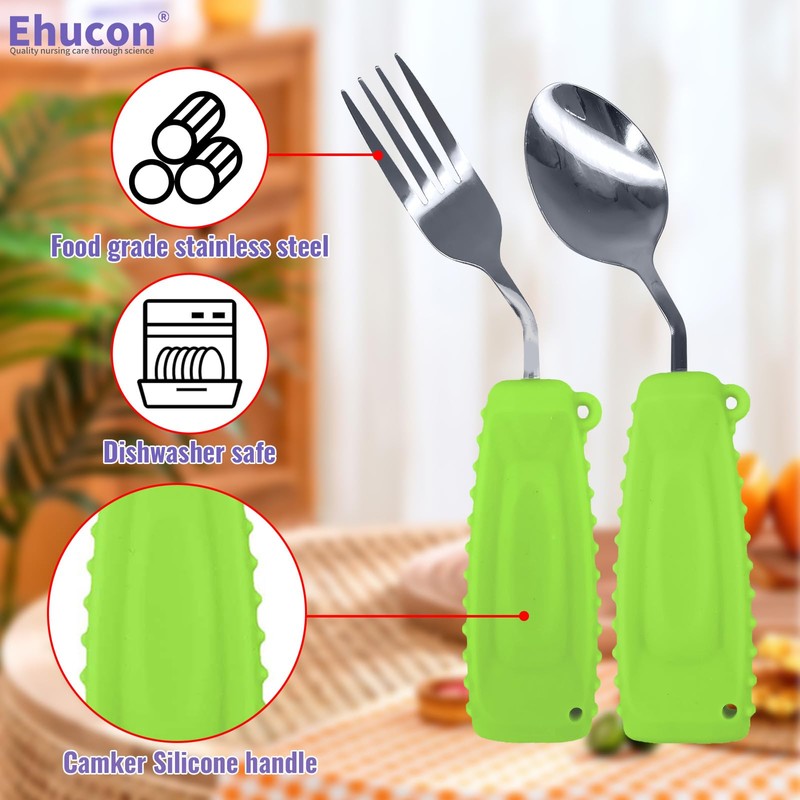 Ehucon Adaptive Utensils Angled Spoon and Fork for Hand Tremors