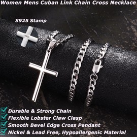 Krfy 925 Silver Cross Pendant Necklace for Men Women with 5 mm Durable Stainless Steel Diamond-Cut Figaro or Curb Chain Necklace 18K White Gold Plated Cross Pendant Necklace for Men 18-30 Inches,