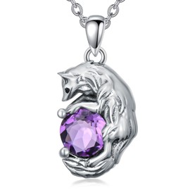 Gnteey Fox Necklace in 925 Sterling Silver with Natural Amethyst Pendant for Women
