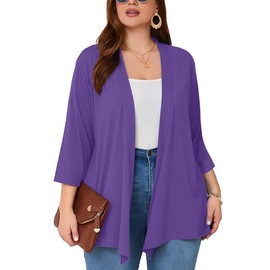 AusLook Women's Plus Size Cardigan Lilac Purple 4X Lightweight Shrugs Double Ruffled 3/4 Sleeve Casual Open Front Summer Beach Coverup Loose Outwear Jacket Coat