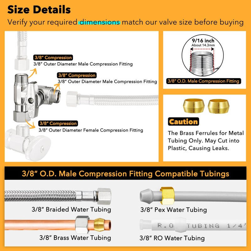 3/8" Brass Compression Angle Stop Valve, Water Line Splitter Connector