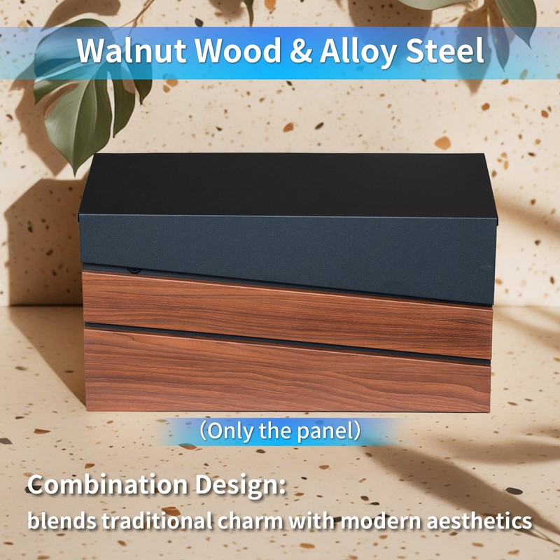 xhlokk Wall-Mount Mailbox, Walnut Wood Panel, Rust Resistant Large Capacity