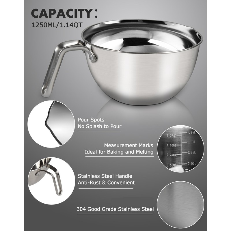 Double Boiler Pot Set,1250ML/1.1QT Mixing Bowl for Chocolate Melting, 2200ML/