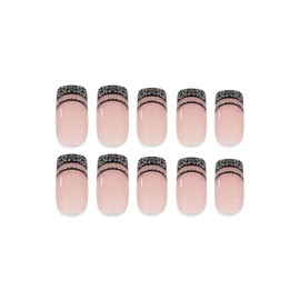 SINHOT Press on Nails Medium Square Fake Nails Glossy Glue on Nails Black Glitter Bling Acrylic Nails Squoval Artificial Nails French Tip Stick on False Nails with Design 24 pcs