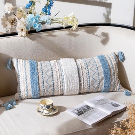 BlissBlush Blue Decorative Lumbar Throw Pillow Cover 14x36 Boho Long Cushion for Bed Neutral White Accent Farmhouse Pillowcase for Bedroom Living Room Couch Sofa Home Décor (Cover ONLY, Pack of 1)