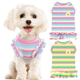 XGDMEIL 2 Pack Cute Striped Small Dog T Shirts Soft Cotton Girl Dog Clothes Breathable Pet Puppy Cats Vest Spring Summer Pet Outfits（Purple+Green,XX-Large）