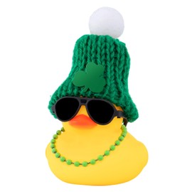 wonuu Rubber Duck Car Decoration, St. Patrick's Day Special, Green Rubber Duck with Hat, Shamrocks, and Chain, for Dashboard, Office, and Home Decoration