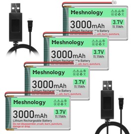 Meshnology 4PCS 3.7V 3000mAh Li Battery with USB Charger Cable 103665 1S LiPo Battery with Protection Board Insulated Rubber Tape and Micro JST 1.25 Plug for Arduino ESP32 Module Board Drone RC Car