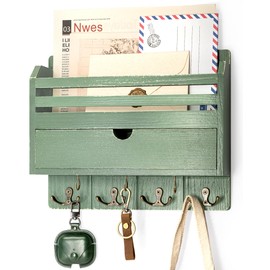 Rebee Vision Pine Wood Mail and Key Organizer for Wall – Farmhouse Mail Organizer Wall Mounted with 7 Sturdy Hooks & Drawer Storage – Apartment Essentials for Stylish Home Decor (Green)
