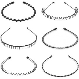 6 Pcs Diademas de Metal para Hombre y Mujer,Bandas de Moda para la Cabeza para Mujer,Diadema Ondulada Neutra,Onduladas,Deportivas,Unisex,Elásticas,Antideslizantes,Sencillas,Negro