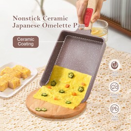 AIKENBBKK Ceramic Nonstick Tamagoyaki Pan, Japanese Omelette Pan egg pan with Detachable Handle, Oven& Dishwasher Safe, 7.48” x 6.8” (Brown)