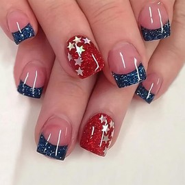 4th of July Press on Nails Short Square French Tips Nails Glue on Patriotic False Nails Star Designs Independence Day Acrylic Nails USA America Fake Nails Coffin Fourth of July Nails for Women 24Pcs