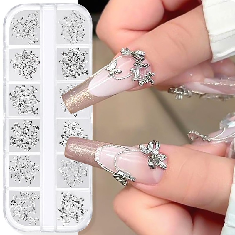 1Box/12Grid Silver Bow Nail Charms Bows For Nails Charms Multiple