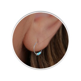 Snug Silver Earrings With Blue Beads - 24G Hoop Earrings For Women Tiny Ear Jewelry