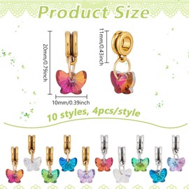PH PandaHall 40PCS Butterfly Glass Charms Pendants, 10 Styles AB Color Butterfly Large Hole Dangle Pendants with Clasps 20mm Long for DIY Necklace Earrings Bracelets Keychains Jewellery Making Crafts