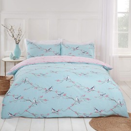 Dreamscene Blossom Bird Reversible Floral Quilt Duvet Cover with Pillowcase Bedding Set, Duck Egg Blush - 2 pieces, Single