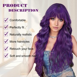 Lativ Purple Wavy Wig With Bangs for Women Curly Wavy Long Wigs Natural Looking Heat Resistant Synthetic Fiber for Party Cosplay Daily Use 26 Inches