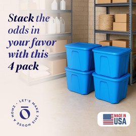 HOMZ 4-Pack Durable Molded Bin, Plastic Storage Containers w/Lids, 10 Gallon, Blue - Stackable Organizer Totes and Boxes for Bedroom, Kitchen, and Garage Organization