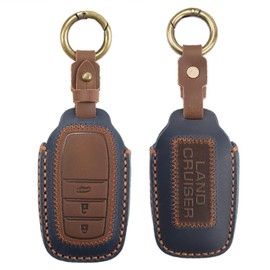 SAWAKAKI Toyota New Land Cruiser 250 Series Key Case Smart Key Cover Key Holder 3 Buttons with Logo Leather Key Holder Included Fall Prevention (Blue)