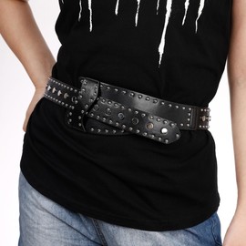 JAZTAKU 80s Wide Waist Gothic Belt with Metal Buckle Black Punk Studded PU Leather Cinch Belt for Women