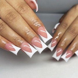 French Tips Press on Nails with Duck Designs, Glossy White Fake Nails Duck Curve Full Cover Acrylic Nails Cute Duck Feet Medium Length False Nails X Glue Stick on Artificial Fingernails for Women