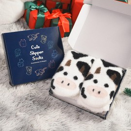 Hut Socks Stopper Socks Cuddly Socks Women Girls 39-42 Thermal Socks Thick Warm Socks Christmas Socks Winter Socks Fluffy House Socks Bed Socks with Nubs Socks for Christmas, cow