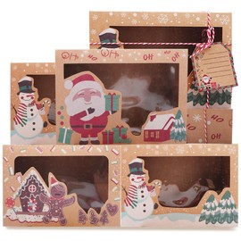6 Pack 8.7x2.7x6 Inches Christmas Cookies Boxes with Window, Large Santa Claus Snowman Gingerbread Pattern Candy Food Bakery Treat Boxes Container with Ribbons and DIY Gift Tags Xmas Party Favors