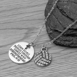 Volleyball Charm Necklace, Christian Faith Charm Pendant, I Can Do All Things Through Christ Who Strengthens Me Phil. 4:13 Scripture Jewelry