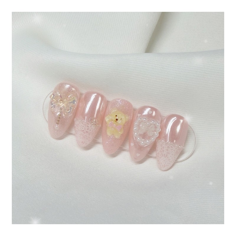 [Handmade Nail Tips] Apricot Lace Nail Tips - Long Oval