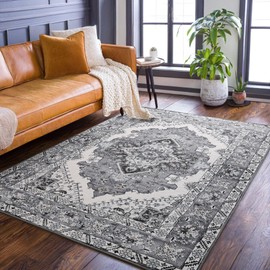 Noahas Grey 4x6 Area Rugs for Bedroom, Vintage Machine Washable Rug,Low Pile Print Large Rug with Rubber Backing Non-Slip Carpet for Living Room,Kitchen,Dining Room,Home Office,Home Decor