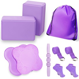 SAMTKA 2 Yoga Blocks Supportive Accessories including 2 Knee Pads, 2 With Strap To Put Less Weight On Wrists, 1 Muscle Massage Roller, 2 Pair of Non-Slip Pilates Socks, 1 GYM Bag, Durable Versatile Yoga Brick Exercise Set of 10