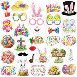 30Pcs Easter Photo Booth Props Kit, Happy Easter Photo Props for Photoshoot Cute Easter Eggs Bunny Selfie Photobooth Props Spring Photo Booth Props for Easter Party Decoration Supplies