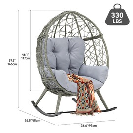 YITAHOME Outdoor Rocking Egg Chair with Cushioned Comfort, Wicker Patio Rocker 250lb Capacity, Anti-Slip, All-Weather Resilient Rattan Design for Indoor & Outdoor Relaxation Spaces, Light Grey