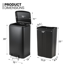 MoNiBloom 10.5-Gallon Step Trash Can with Soft-Close Lid for Kitchen Bathroom Bedroom Living Room Home Office Dorm Fingerprint-Proof Foot Pedal Garbage Bin with Removable Inner Bucket Black 40-Liter