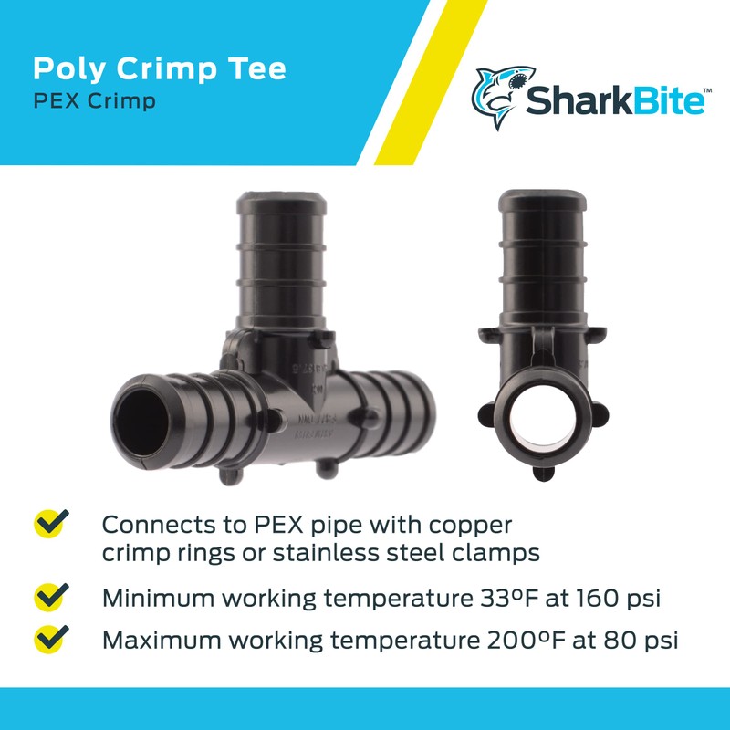 SharkBite 1/2 Inch Poly Crimp Tee, Pack of 25, PEX