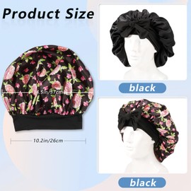 PLMMOUT 2Pcs Satin Silk Bonnets for Women,Hair Bonnet with Tie Band,Silk Bonnet Sleeping Cap for Curly Hair (Black&Black Flower)