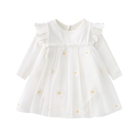 Alunsito Infant Baby Girls Outfits Kids Tulle Party Dress Long Sleeve Knitted Romper Top Daisy Tutu Skirt Set 59 3-6 Months White