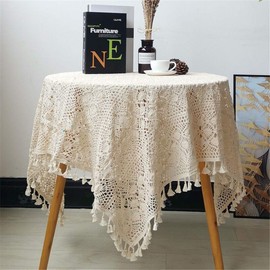 BMIDRUT Vintage Crochet Tablecloths Lace Doilies Cotton Beige Square Tablecloths Table Cover Table Topper Wedding Home Party Decoration (60x60 Inch)