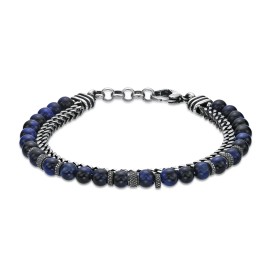 Lavari Jewelers Stainless Steel Antique Black Finish & Blue Tiger Eye Beaded Bracelet - 9.5 Inch