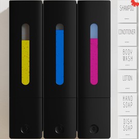 VITVITI Shampoo and Conditioner Dispenser for Shower, Refillable Shower Soap Dispenser 3 Chamber Wall Mounted, 10.2 OZ No Drill Plastic Shower/Body Wash Bottles for Bathroom (Black)