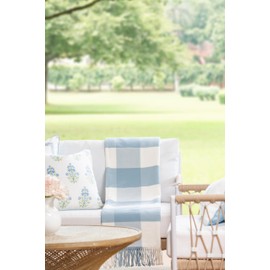 Hofdeco Premium Coastal Decorative Throw Blanket for Patio Couch Sofa, Baby Blue Buffalo Plaid with Fringe, 52"x72"