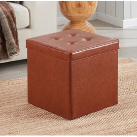 Ornavo Home Square Storage Ottoman Faux Leather Foldable Tufted Cube Storage Ottoman Foot Rest Stool/Seat with Table Top Lid, Coffee Table Ottoman - 15" x 15" x 15" (Mocha)