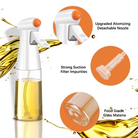 KoGiio Oil Sprayer for Cooking, 7oz / 200ml, Upgraded Premium Vinegar Olive Oil Dispensers, Food Grade Reusable for Kitchen, Frying, Air Fryer, Baking, BBQ, Roasting, Salad, with Brush - White