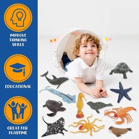 Liberty Imports Bucket of Ocean Sea Animals Toys - 16 PCS Large Underwater Deep Sea Creaures, Realistic Soft Plastic Marine Educational Toy Figures Playset for Toddlers, Kids
