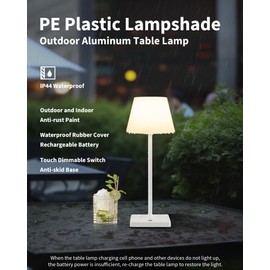 NEWSEE 14.5" Small Cordless Touch Table Lamp White, Waterproof Shower Lamp, 4000mAh Rechargeable Portable Battery Powered Dimmable LED Desk Lamps for Outdoor, Restaurant, Bathroom, Camping, Nightlight