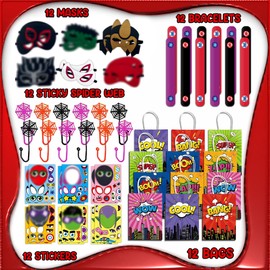 60Pcs Superhero Party Favor for Kids Birthdays, Gifts for Boys-Girls and Amazing Friends, Action Hero Supplies, Spider Decorations, Includes Masks, Slap Bracelets, Bags, Stickers, Sticky Web